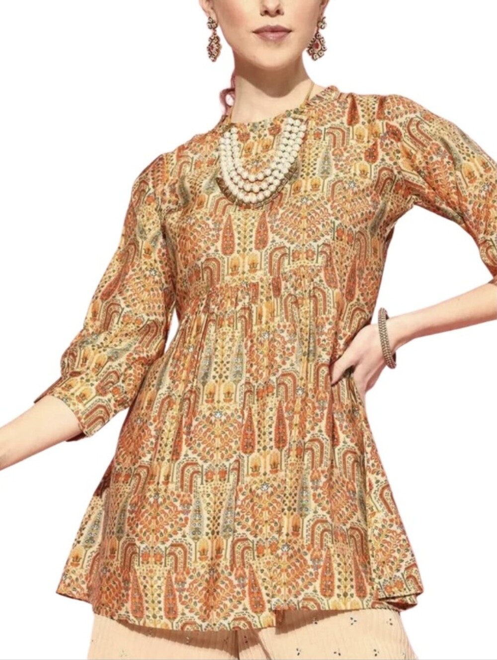 Libas Whimsical Orange Multicorored Silk Blend Patterned Top. Large.